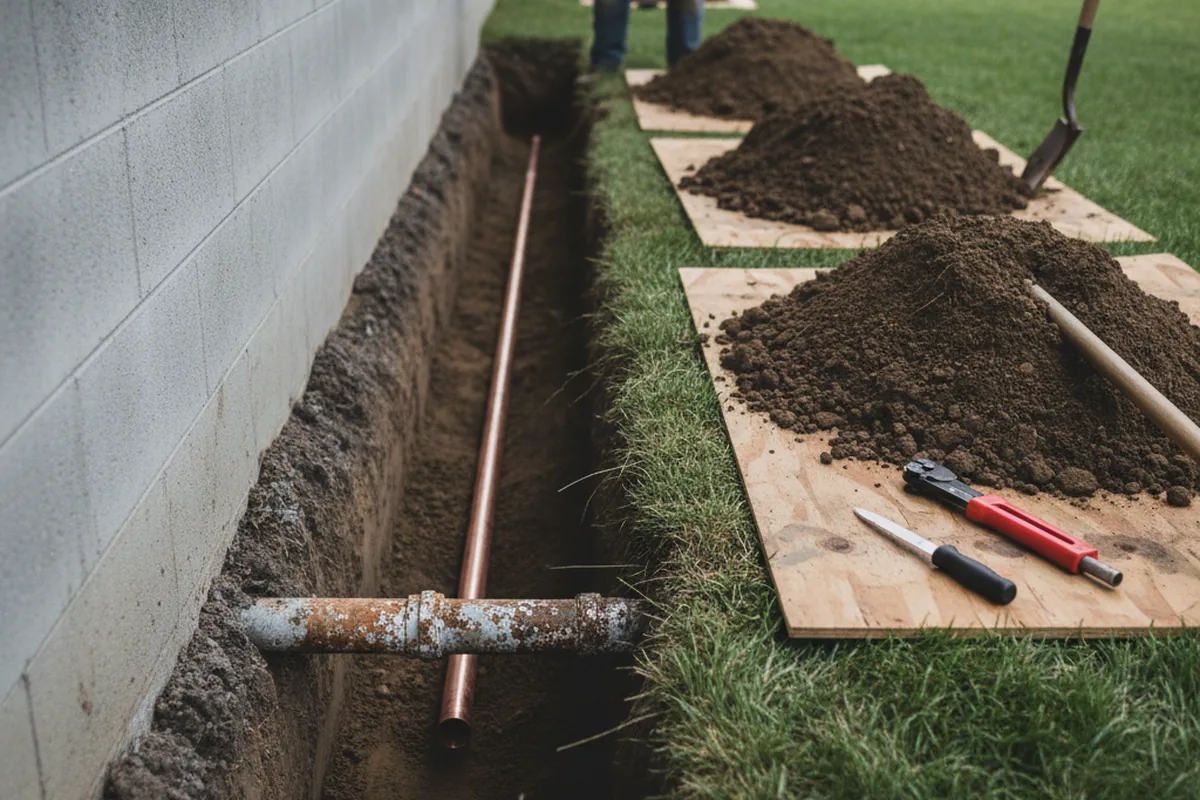 Excavated water line trench during Water Heater Repair in Devine